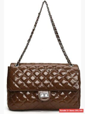 Large Quilted Crossbody Bag PU Leather Chain Strap Satchel Hobo Purse